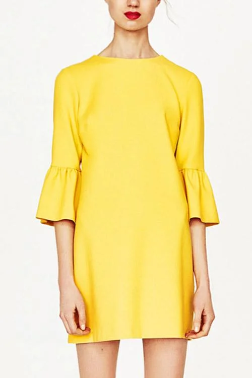 Wholesale Yellow Crew Neck 3/4 Length Sleeve Plain Zip Back Mini Dress