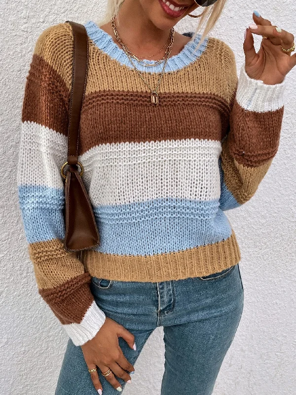 Casual Colorblock Long Sleeve Round Neck Regular Women Sweater Youthful Women's Anime - inspired