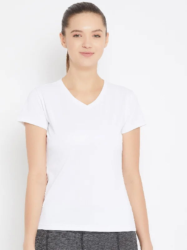 JUMP USA Women White Active Wear V- Neck T-shirt Sustainable Organic