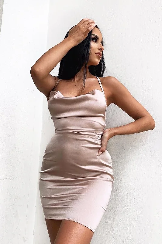 Nude Satin Lace Up Bodycon Mini Dress - Sira Relaxed Women's Beachy