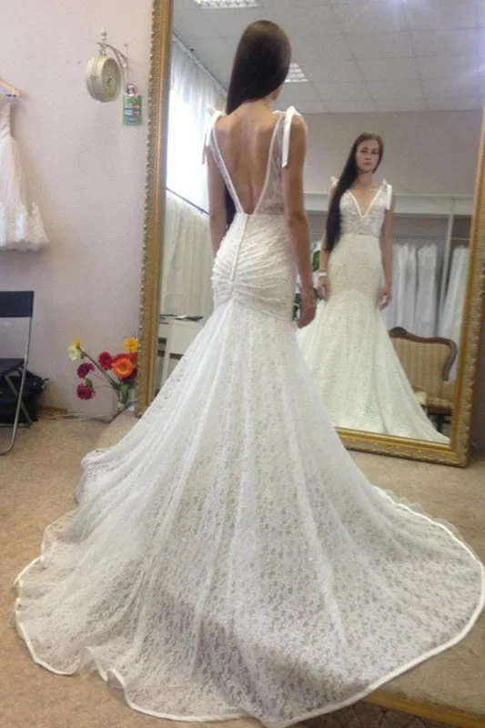 Neck Sleeveless Mermaid Gown With Deep V Back Long Lace Wedding Dress