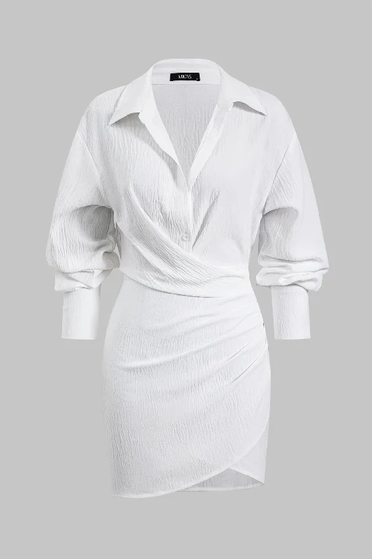 Ruched Asymmetrical Button Long Sleeve Mini Dress Streetwear Style for 