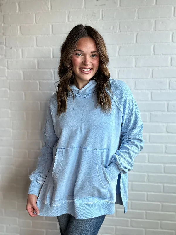 Oversized Washed Hoodie- Blue Laid - back Women's Vibe