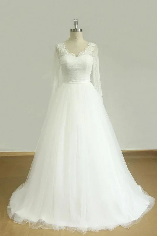 Bridelily Elegent Long Sleeve V-neck Lace Tulle Wedding Dress Rugged Women's Outdoor 