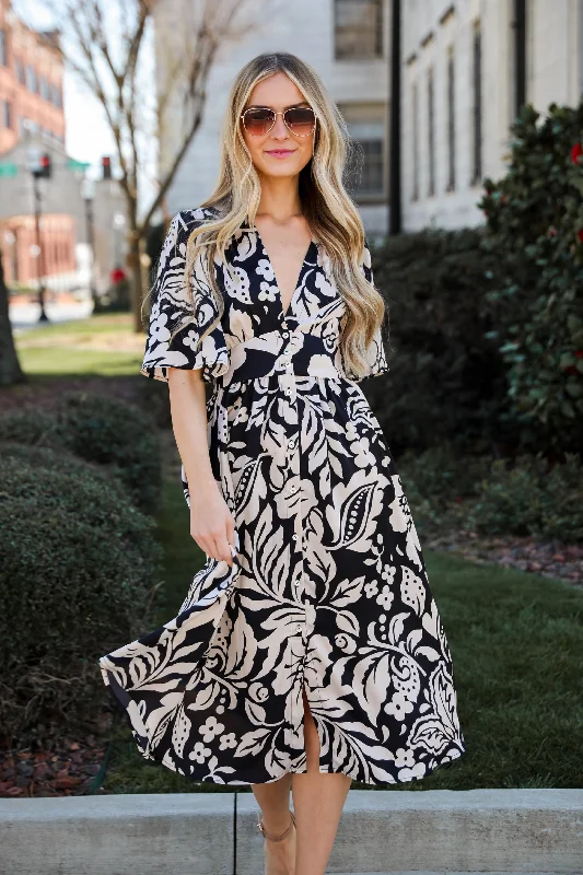FINAL SALE - Stunning Time Black Floral Midi Dress Adventure