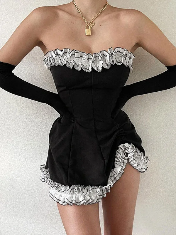 BerryBetty - Gloves Detail Strapless Black Mini Dress Dapper Women's 1920S