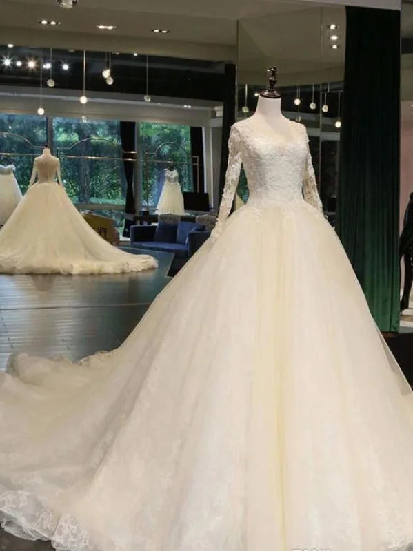 Cathedral Train Appliques Long Sleeve A-line Wedding Dresses Business