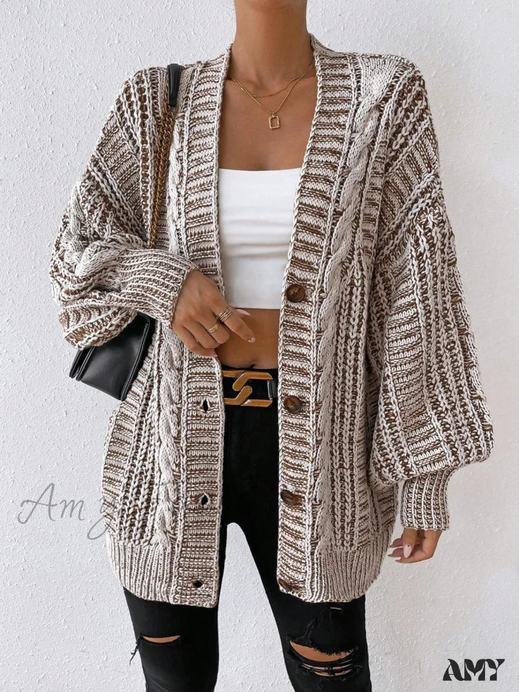 Amy Fashion - Space Dye Drop Shoulder Cable Knit Lantern Sleeve Cardigan Minimalist Women's Casual