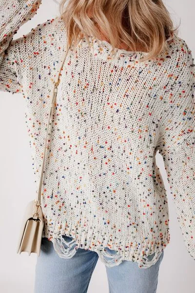 White Confetti Distressed Hem Long Sleeve Sweater | Casual Tops Polished Women's Silk