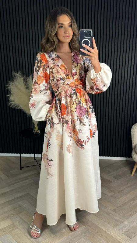 Louise Beige Floral Printed Midi Dress (PRE ORDER) Street