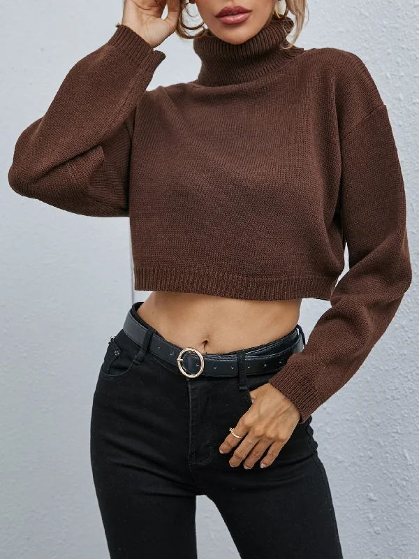 Casual Plain Rib-Knit Long Sleeve High Neck Crop Women Sweater Confident Women's High - fashion Casual Plain Rib-Knit Long Sleeve High Neck Crop Women Sweater Confident Women's High - fashion