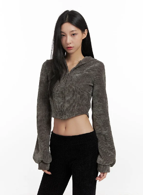 Velvety Zip-Up Cropped Hoodie CN426 Sleek Women's Metallic
