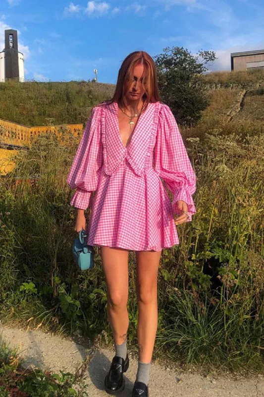 TastyHottie - Pink Plaid Lapel A-Line Babydoll Dress Rugged Women's Outdoor 