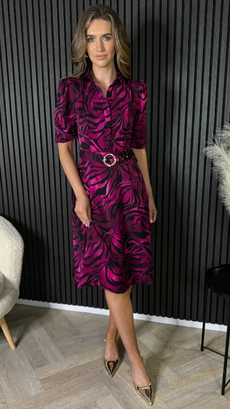 Dervla Pink & Black Leopard Print Collared Midi Dress British Gentlewoman Style