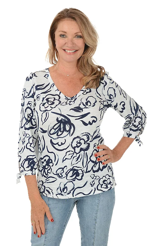 Rosette 3/4 Sleeve Slub Knit Top Trendy Women's Oversized