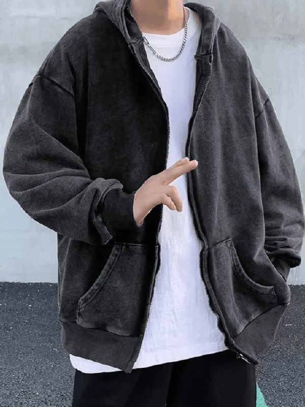 Men's Vintage Wash Black Zip-Up Hoodie Laid - back Women's Vibe
