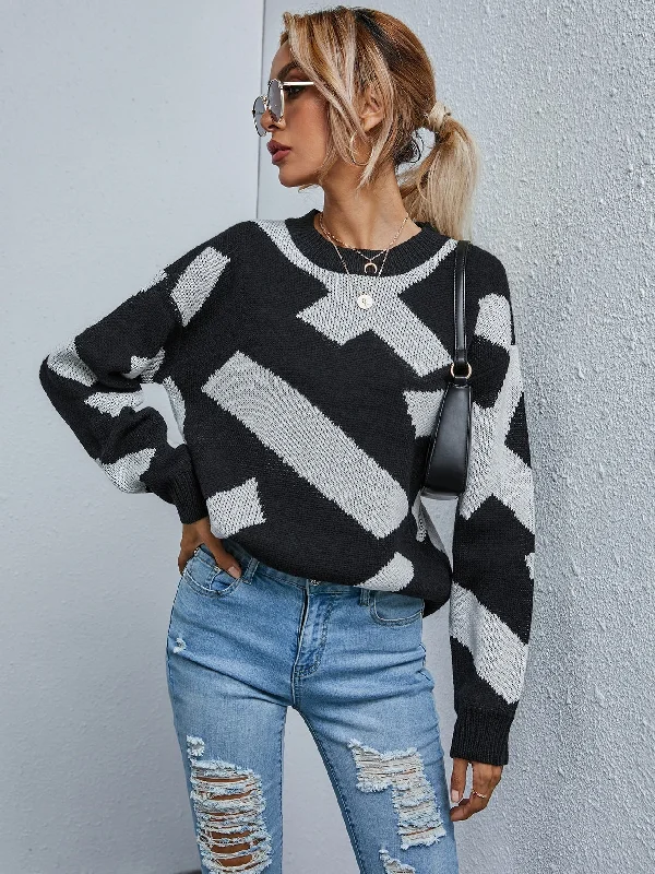 Casual Geometric Long Sleeve Round Neck Regular Women Sweater European