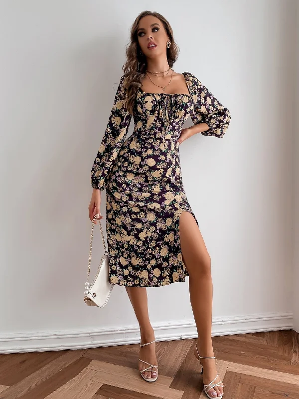 All Over Print Ruched Bust Long Sleeve Square Neck Slit High Waist Midi Dress