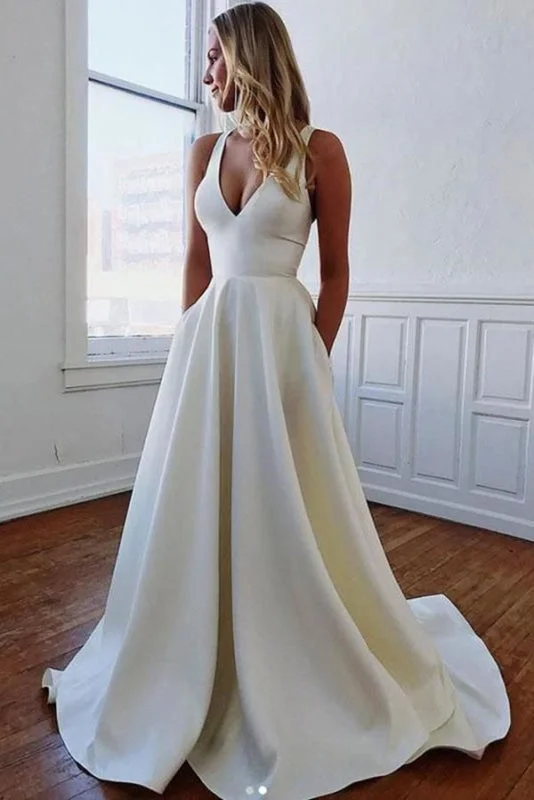 White Simple V-neck A-Line Wedding Dress with Bows