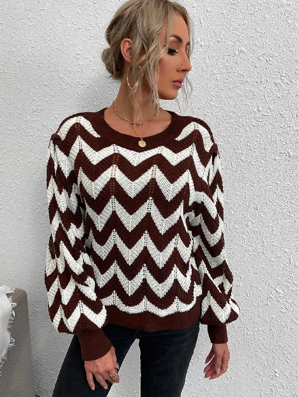 Casual Chevron Long Sleeve Round Neck Regular Women Sweater Sophisticated Women's Tailored