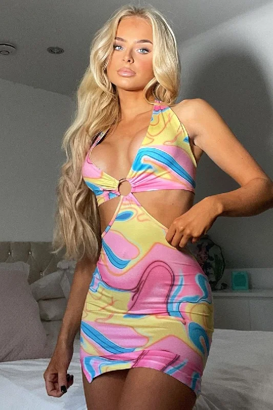 Pink Marble Cut Out Ring Detail Halter Neck Mini Dress - Joanie Disco