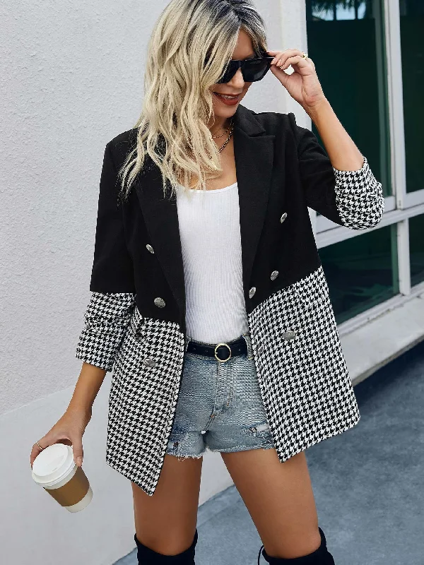 Houndstooth Fake Pockets Long Sleeve Lapel Short Women Overcoat Contemporary 