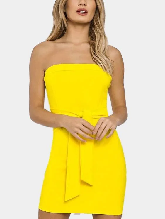 Wholesale Yellow Strapless Off The Shoulder Sleeveless Plain Backless Lace-Up Mini Dress