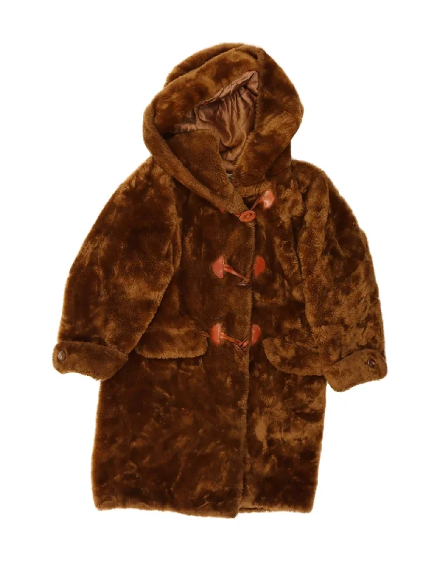 VINTAGE Womens Hooded Faux Fur Duffle Coat UK 10 Small Brown Acrylic