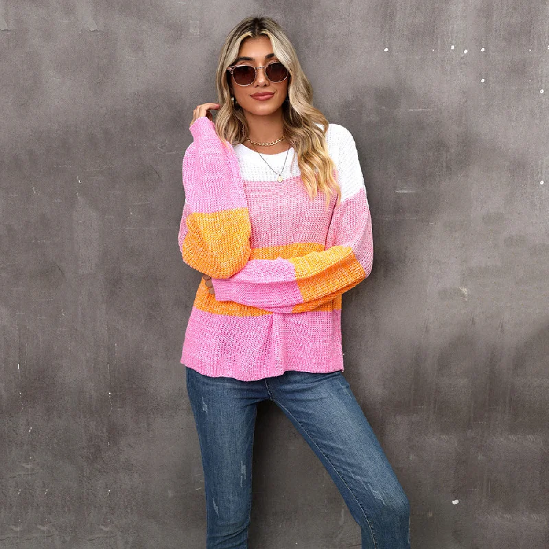 Casual Long Sleeve Patchwork Colorblocked Crew Neck Sweater Wholesale Womens Tops Edgy Women's Punk Casual Long Sleeve Patchwork Colorblocked Crew Neck Sweater Wholesale Womens Tops Edgy Women's Punk