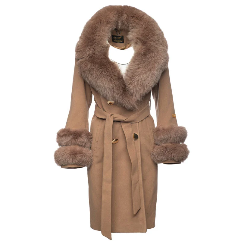 Aria Beige Chic long cashmere blend coat with fox fur Street
