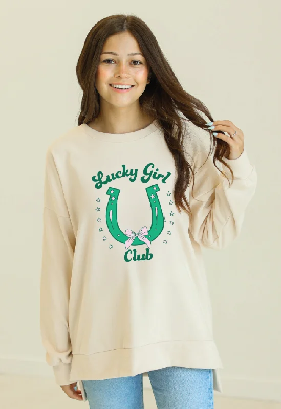 Lucky Girl Club Fleece Crewneck, Ivory Refined Women's Velvet