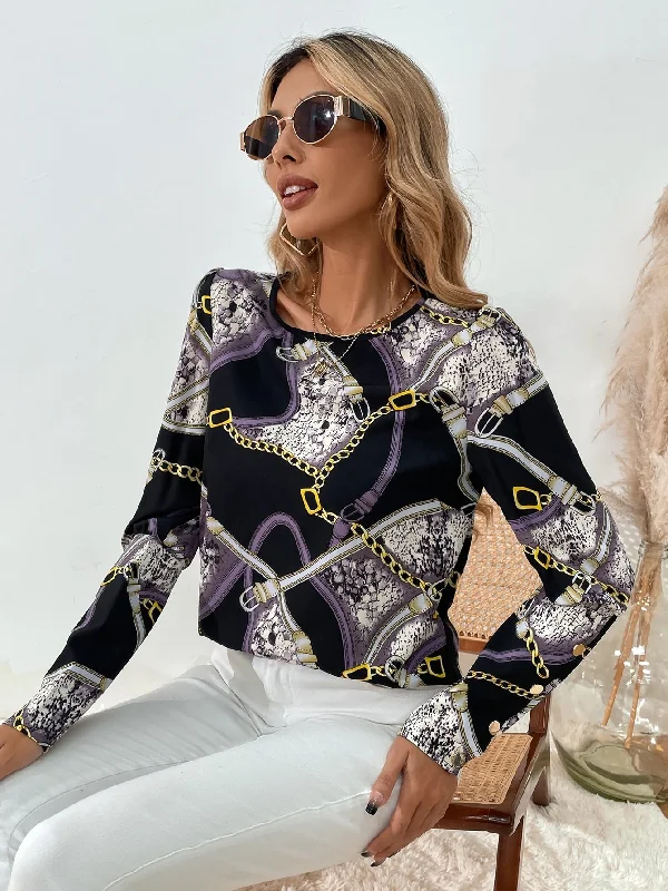 Casual Chain Print Long Sleeve Round Neck Regular Blouse Scandinavian