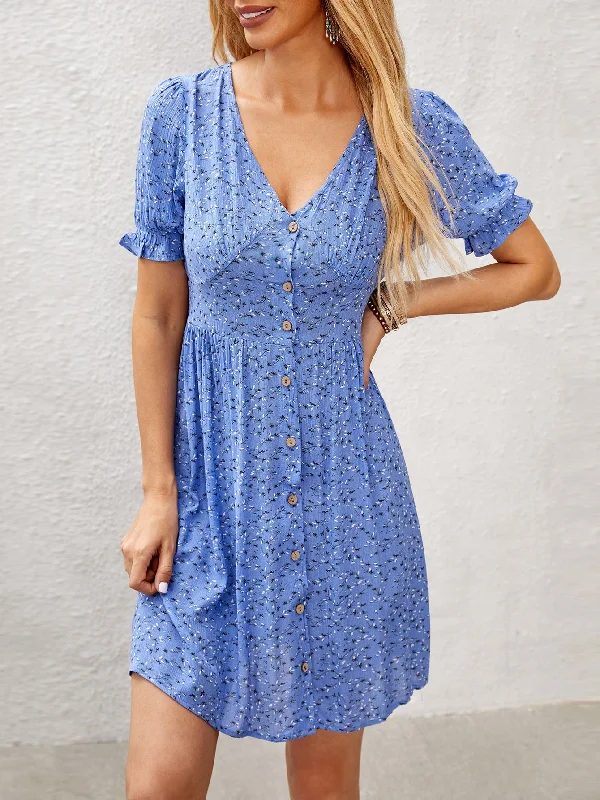 Ditsy Floral Button Front Short Sleeve Deep V Neck Flared High Waist Short Dress