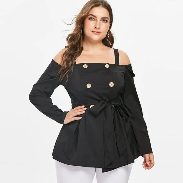 ANALUKE Cold Shoulder Double Breasted Long Sleeve Blouse Dynamic Women's Moto