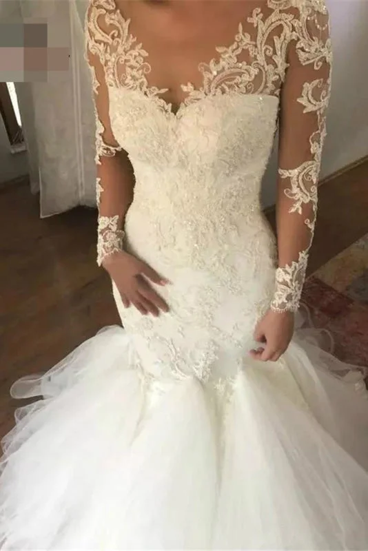 Mermaid Sleeves V Neck Long Lace Appliques Wedding Dress