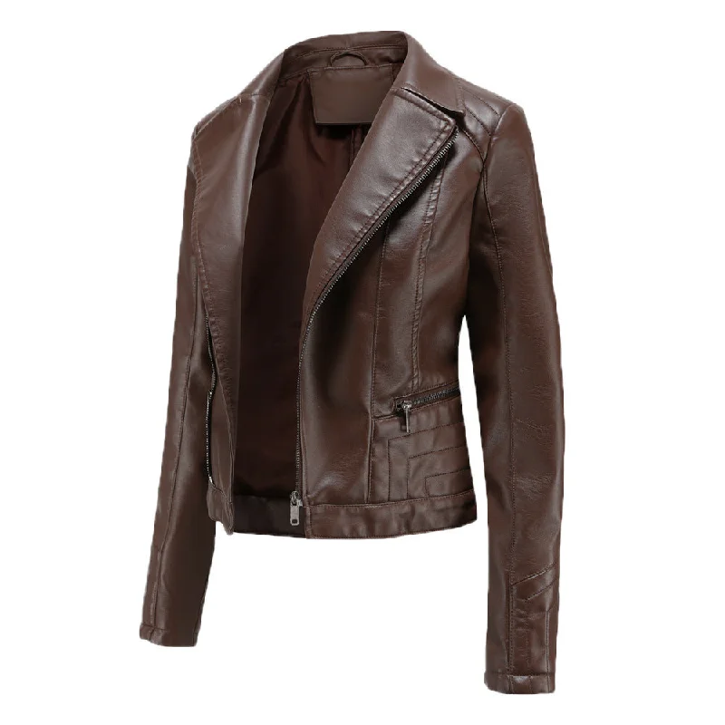 Womens Fashion Lapel Spring And Autumn Washed PU Leather Jacket Athletic Women's High - 