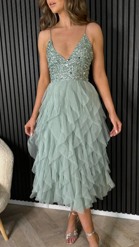 Soraya Teal Embellished Tulle Midi Dress Feminine Women's Soft 