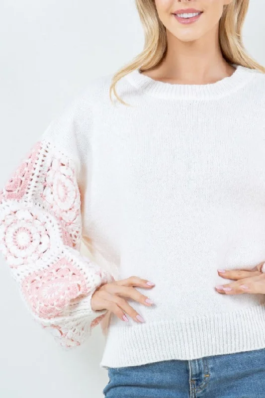 Crochet Sleeves Snow Pull Over Sweater Classic Women's Pin - striped