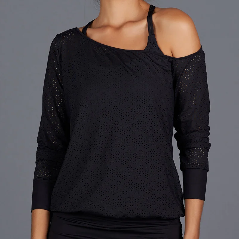 All Season Sheer Off-one-Shoulder Pullover Top (black) Classic Women's Pin - striped