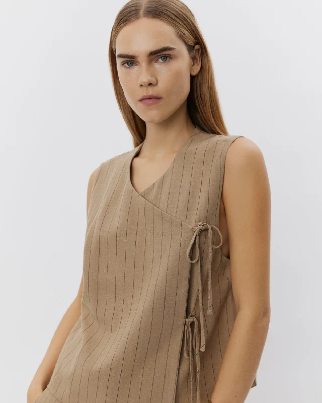 CAILINSW VEST - Light Brown Striped Cozy Women's Sherpa - lined