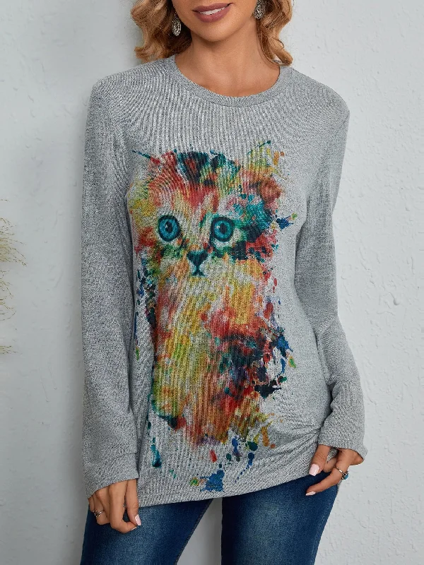 Casual Cartoon Long Sleeve Round Neck Long Women T-Shirt