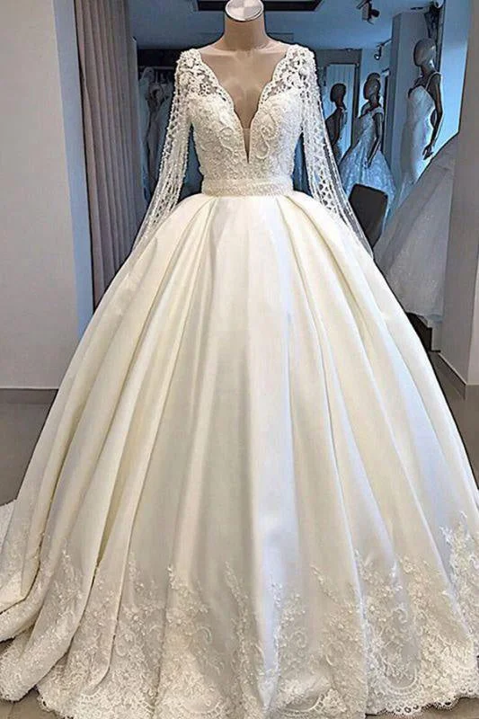 Bridelily Long Sleeve V-neck Ball Gown Satin Wedding Dress Dynamic Women's High - energy Bridelily Long Sleeve V-neck Ball Gown Satin Wedding Dress Dynamic Women's High - energy