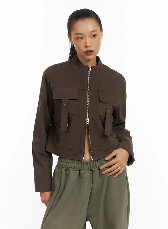 Fit Cotton Zip-Up Solid Jacket IO409 Trendy Women's Oversized