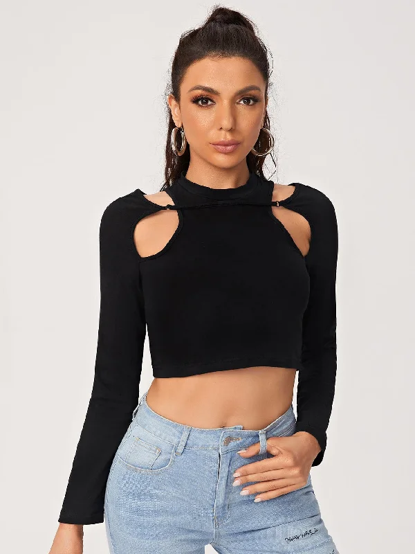 Sexy Plain Cut Out Long Sleeve Stand Collar Crop Women Top Trendy Women's 