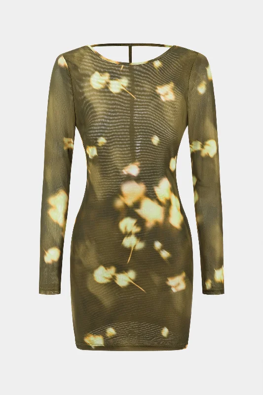 Floral Print Mesh Backless Long Sleeve Mini Dress Confident Women's High - fashion