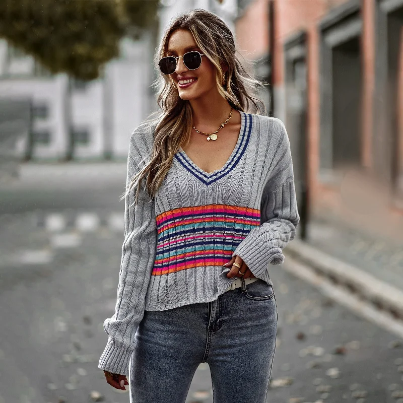 Casual Long Sleeve V-Neck Colorful Striped Sweater Wholesale Womens Tops