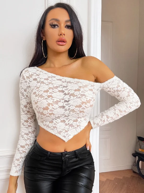 Sexy Plain Sheer Long Sleeve Asymmetrical Neck Asymmetrical Crop Women Top Modern Women's 