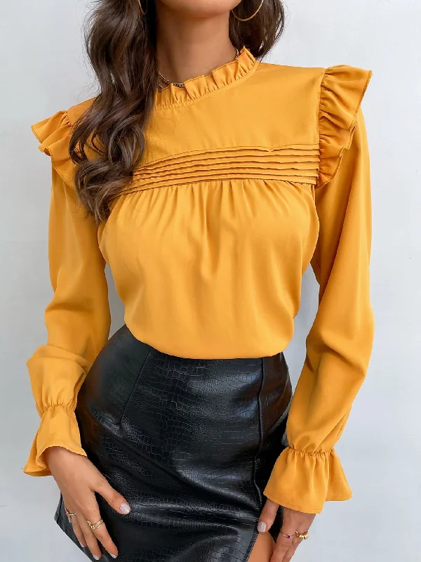Elegant Plain Lettuce Trim Long Sleeve Stand Collar Regular Blouse Sophisticated Women's Tailored Elegant Plain Lettuce Trim Long Sleeve Stand Collar Regular Blouse Sophisticated Women's Tailored