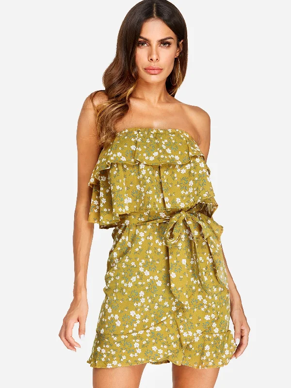 Wholesale Yellow Strapless Sleeveless Floral Print Tiered Self-Tie Flounced Hem Mini Dresses Cool Women's Skate Wholesale Yellow Strapless Sleeveless Floral Print Tiered Self-Tie Flounced Hem Mini Dresses Cool Women's Skate