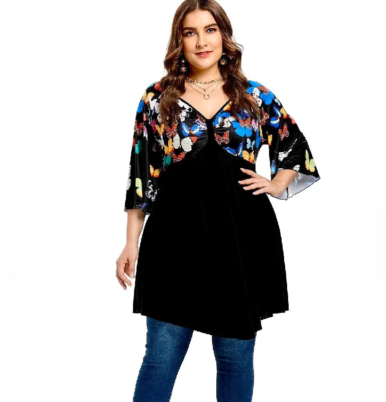 ANALUKE Butterfly Print V Neck Long Sleeve T-Shirt Sharp Women's Italian
